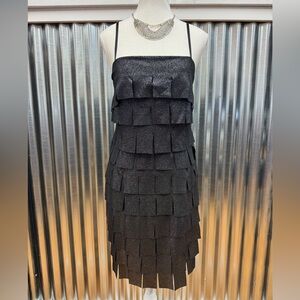 JS Collections Black Block Fringe Tiered Bodycon Dress Women’s Size 8